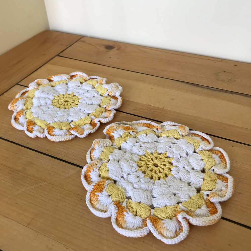 Yellow & White Ripple Shell Hand Crocheted Pot Holder Doily Set of 2
